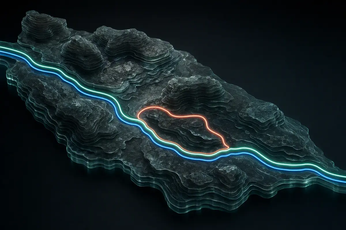 Two luminous route lines cross a dark glass landscape; one line detours before rejoining.